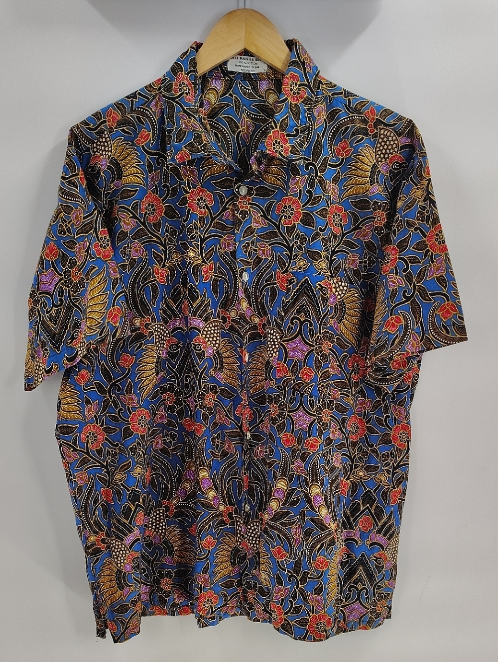 Bali Bagus Batik Blue Gold Floral Print Button-Up Shirt XL Handmade